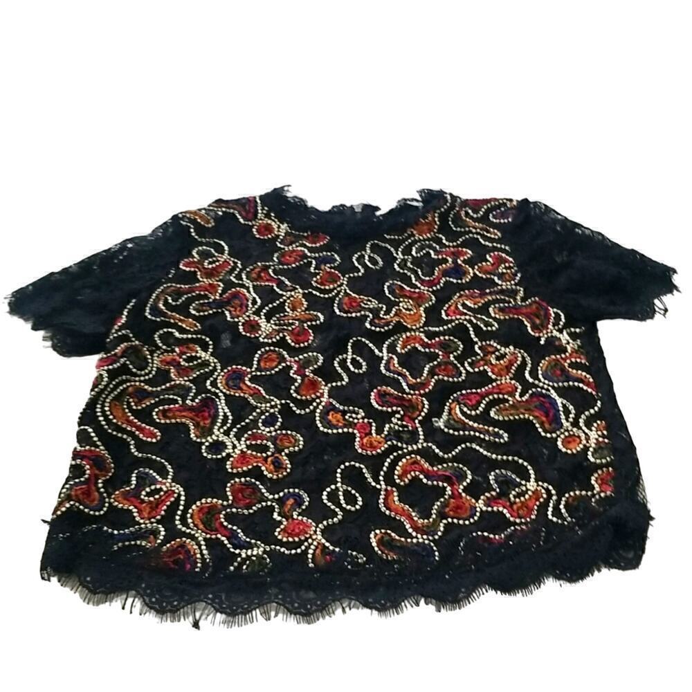 Zara Black Embroidery Lace Shortsleeve Top Sz Medium - Picture 4 of 7